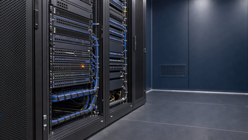 Computeriseret GxP-system i drift: serverrack med blå indikatorlys i et mørkt rum